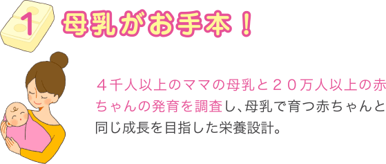 母乳がお手本！
4千人以上のママの母乳と２０万人以上の赤ちゃんの発育を調査し、母乳で育つ赤ちゃんと同じ成長を目指した栄養設計。