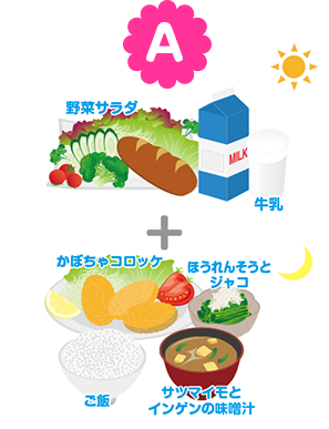 A 野菜サラダ 牛乳 ブリの照り焼き ほうれんそうとジャコ ご飯 サツマイモとインゲンの味噌汁