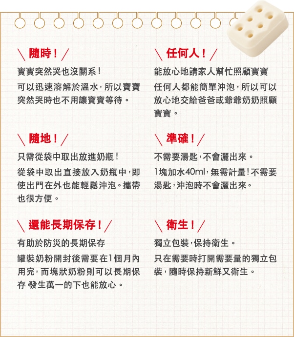 隨時!也能簡單加在料理中加在料理中，平時的料理也能簡單地增加營養。
                    任何人!能放心地請家人幫忙照顧寶寶任何人都能簡單沖泡，所以可以放心地交給爸爸或爺爺奶奶照顧。
                    衛生!獨立包裝，保持衛生。只在需要時打開需要量的獨立包裝，隨時保持新鮮又衛生。
                    隨地!只需從袋中取出放進奶瓶！從袋中取出直接放入奶瓶中，即使出門在外也能輕鬆沖泡。攜帶也很方便。
                    準確!不需要湯匙，不會灑出來。1塊加水40ml，無需計量！不需要湯匙，沖泡時不會灑出來。
                    還能長期保存!有助於防災的長期保存罐裝奶粉開封後需要在1個月內用完，而塊狀奶粉則可以長期保存，發生萬一的情況下也能放心。