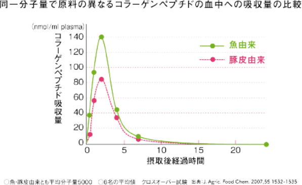 同一分子量で原料の異なるコラーゲンペプチドの血中への吸収量の比較
