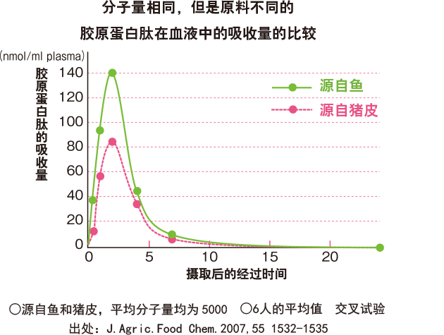 分子量相同，但是原料不同的胶原蛋白肽在血液中的吸收量的比较