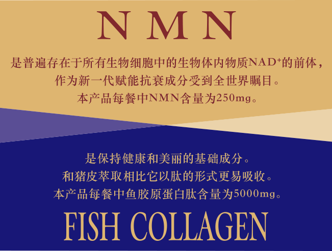 NMN 是普遍存在于所有生物细胞中的生物体内物质NAD+的前体，作为新一代赋能抗衰成分受到全世界瞩目。本产品每餐中NMN含量为250mg。 FISH COLLAGEN 是保持健康和美丽的基础成分。和猪皮萃取相比它以肽的形式更易吸收。本产品每餐中鱼胶原蛋白肽含量为5000mg。