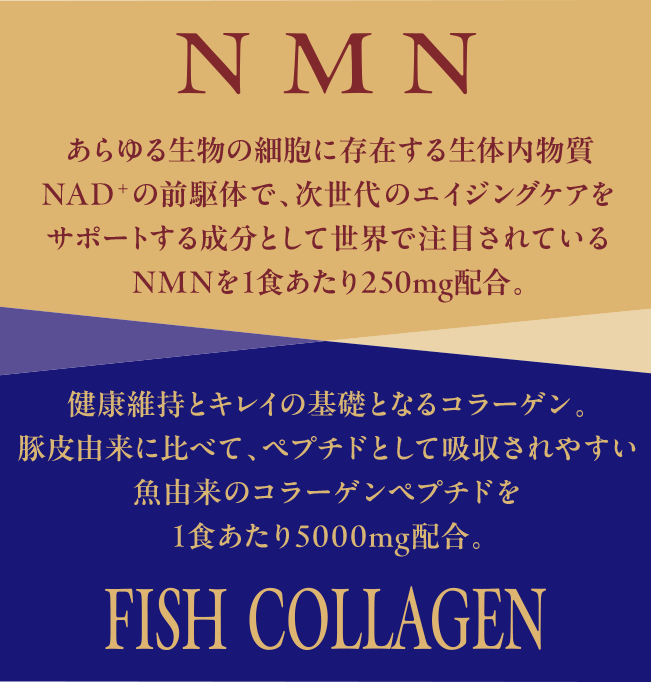NMN あらゆる生物の細胞に存在する生体内物質NAD+の前駆体で、次世代のエイジングケアをサポートする成分として世界で注目されているNMNを1食あたり250mg配合。 FISH COLLAGEN 健康維持とキレイの基礎となるコラーゲン。豚皮由来に比べて、ペプチドとして吸収されやすい魚由来のコラーゲンペプチド1食あたり5000mg配合。