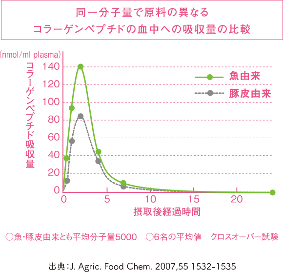 同一分子量で原料の異なるコラーゲンペブチドの血中への吸収量の比較