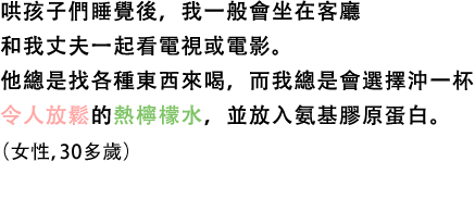 哄孩子們睡覺後，我一般會坐在客廳和我丈夫一起看電視或電影。他總是找各種東西來喝，而我總是會選擇沖一杯令人放鬆的熱檸檬水，並放入氨基膠原蛋白。（女性，30多歲）