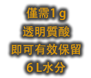 僅需使用一克 透明質酸 可有效保留 六升水分。