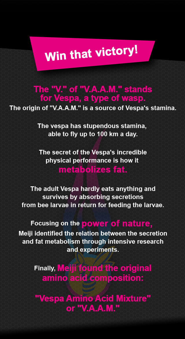 Win that victory! The "V." of "V.A.A.M." stands for Vespa, a type of wasp. The origin of "V.A.A.M." is a source of Vespa's stamina. The vespa has stupendous stamina, able to fly up to 100 km a day. The secret of the Vespa's incredible physical performance is how it metabolizes fat. The adult Vespa hardly eats anything and survives by absorbing secretions from bee larvae in return for feeding the larvae. Focusing on the power of nature, Meiji identified the relation between the secretion and fat metabolism through intensive research and experiments. Finally, Meiji found the original amino acid composition: "Vespa Amino Acid Mixture" or "V.A.A.M."