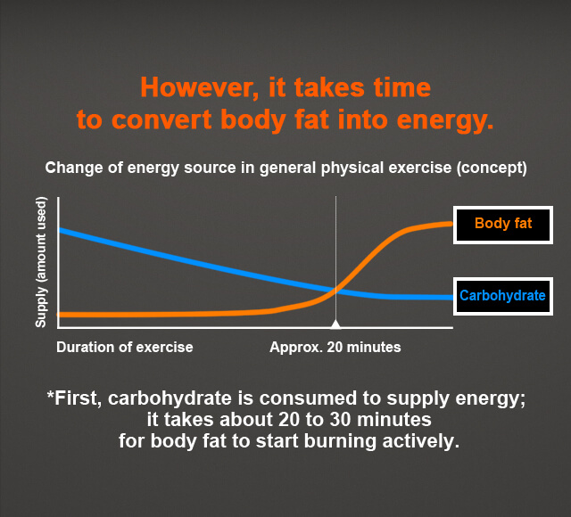 However, it takes time to convert body fat into energy. Change of energy source in general physical exercise (concept) Supply (amount used) Duration of exercise Approx. 20 minutes Body fat Carbohydrate *First, carbohydrate is consumed to supply energy; it takes about 20 to 30 minutes for body fat to start burning actively.