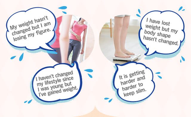 My weight hasn't changed but I am losing my figure. I haven't changed my lifestyle since I was young but I've gained weight. It is getting harder and harder to keep slim. I have lost weight but my body shape hasn't changed.
