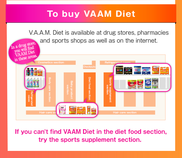 To buy VAAM Diet V.A.A.M. Diet is available at drug stores, pharmacies and sports shops as well as on the internet. In a drug store, you will find VAAM Diet in these areas. If you can't find VAAM Diet in the diet food section, try the sports supplement section.