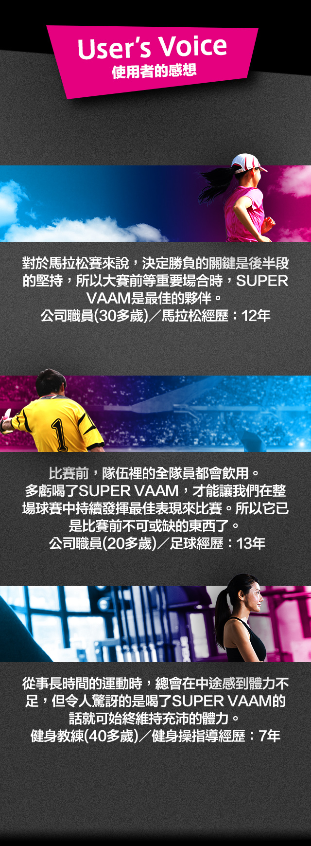 User's Voice 使用者的感想
對於馬拉松賽來?，決定勝負的關鍵是後半段的堅持，所以大賽前等重要場合時，SUPER VAAM是最佳的夥伴。                             公司職員(30多?)／馬拉松經?：12年
比賽前，隊伍裡的全隊員都會飲用。             多虧喝了SUPER VAAM，才能讓我們在整場球賽中持續發揮最佳表現來比賽。所以它已是比賽前不可或缺的東西了。                      公司職員(20多?)／足球經?：13年
從事長時間的運動時，總會在中途感到體力不足，但令人驚訝的是喝了SUPER VAAM的話就可始終維持充沛的體力。                     健身教練(40多?)／健身操指導經?：7年
