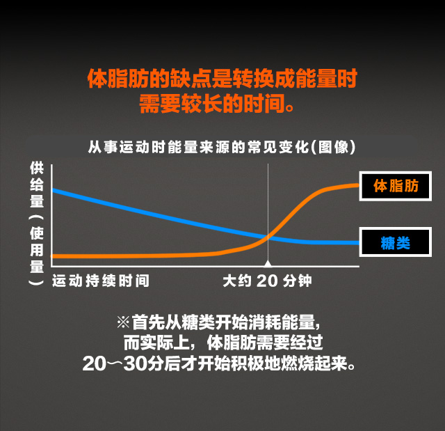 体脂肪的缺?是??成能量?            需要??的??。?事???能量?源的常??化(?像)供?量(使用量)??持???大?20分?※首先?糖??始消耗能量，而??上，体脂肪需要??20分～30分后才?始??地燃?起?。
