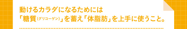 動けるカラダになるためには「糖質（グリコーゲン）」を蓄え「体脂肪」を上手に使うこと。