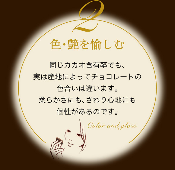 色・艶を愉しむ 同じカカオ含有率でも、実は産地によってチョコレートの色合いは違います。柔らかさにも、さわり心地にも個性があるのです。