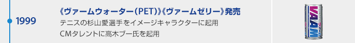 1999年 《ヴァームウォーター（PET）》《ヴァームゼリー》発売 テニスの杉山愛選手をイメージキャラクターに起用 CMタレントに高木ブー氏を起用