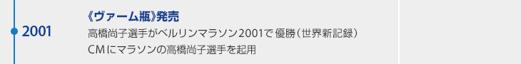2001年 《ヴァーム瓶》発売 高橋尚子選手がベルリンマラソン2001で優勝（世界新記録） CMにマラソンの高橋尚子選手を起用