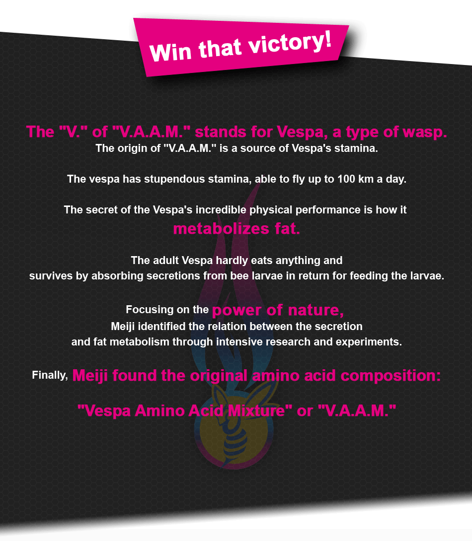 Win that victory! The "V." of "V.A.A.M." stands for Vespa, a type of wasp. The origin of "V.A.A.M." is a source of Vespa's stamina. The vespa has stupendous stamina, able to fly up to 100 km a day. The secret of the Vespa's incredible physical performance is how it metabolizes fat. The adult Vespa hardly eats anything and survives by absorbing secretions from bee larvae in return for feeding the larvae. Focusing on the power of nature, Meiji identified the relation between the secretion and fat metabolism through intensive research and experiments. Finally, Meiji found the original amino acid composition: "Vespa Amino Acid Mixture" or "V.A.A.M."
