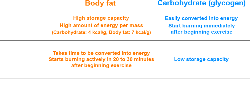 Advantages Disadvantages Body fat High storage capacity High amount of energy per mass (Carbohydrate: 4 kcal/g, Body fat: 7 kcal/g) Takes time to be converted into energy Starts burning actively in 20 to 30 minutes after beginning exercise Carbohydrate (glycogen) Easily converted into energy Start burning immediately after beginning exercise Low storage capacity The intensity and duration of exercise determine which will become the main source of energy.