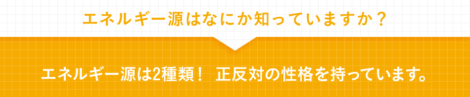 エネルギー源はなにか知っていますか？　エネルギー源は2種類！　正反対の性格を持っています。
