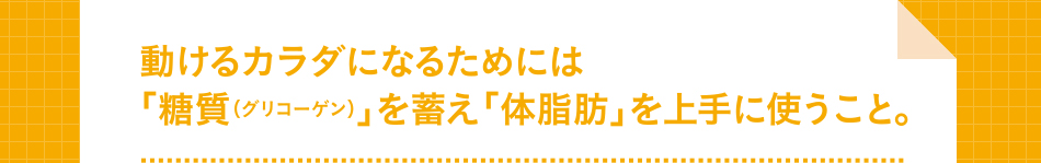 動けるカラダになるためには「糖質（グリコーゲン）」を蓄え「体脂肪」を上手に使うこと。