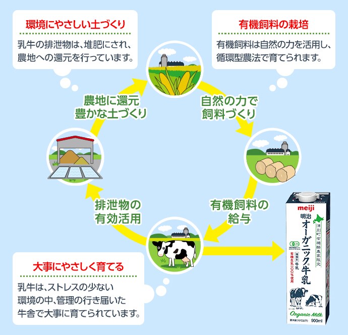 イラスト:環境や牛の健康に配慮した酪農のイメージ図・環境にやさしい土づくり(乳牛の排泄物は堆肥にされ、農地への還元を行っています)・有機資料の栽培(有機資料は自然の力を活用し、循環型農法で育てられます)・大事にやさしく育てる(乳牛はストレスの少ない環境の中、管理の行き届いた牛舎で大事に育てられています)
