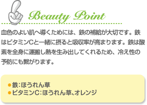 Beauty Point 血色の良い肌へと導くためには、鉄の補給が大切です。鉄はビタミンCと一緒に摂ると吸収率が高まります。鉄は酸素を全身に運搬し、熱を生み出してくれるため、冷え性の予防にも繋がります。 鉄：ほうれん草 ビタミンC：ほうれん草、オレンジ