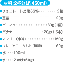 材料：2杯分（約450ml） チョコレート効果86%…2粒 豆苗…20g ピーマン…30g（1個） バナナ…120g（1.5本） マンゴー（冷凍）…150g プレーンヨーグルト（無糖）…60g 水…100ml 氷…2かけ（60g）