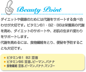 Beauty Point ダイエットや健康のためには代謝をサポートする食べ合わせが大切です。ビタミンB１・B2・B6は栄養素の代謝を高め、ダイエットのサポートや、お肌の生まれ変わりをサポートします。代謝を高めるには、食物繊維をとり、便秘を予防することも大切です。 ビタミンB1・B2：豆苗 ビタミンB6：豆苗、ピーマン、バナナ 食物繊維：豆苗、ピーマン、バナナ、マンゴー