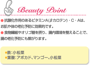 Beauty Point 抗酸化作用のあるビタミンA(βカロテン)・C・Eは、お肌や体の老化予防に効果的です。 食物繊維やオリゴ糖を摂り、腸内環境を整えることで、腸の老化予防にも繋がります。 ビタミンA(βカロテン)・C・E：赤ピーマン 食物繊維：りんご、ラズベリー、バナナ オリゴ糖：バナナ、はちみつ