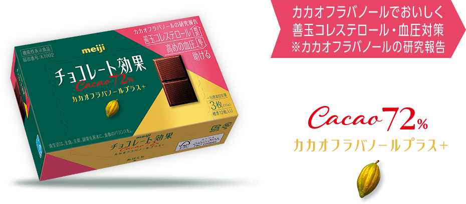 カカオフラバノールでおいしく善玉コレステロール・血圧対策 ※カカオフラバノールの研究報告　チョコレート効果カカオ72％ フラバノールプラス