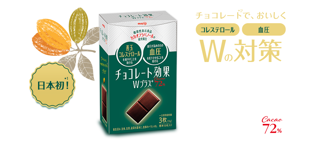 チョコレート効果WプラスCACAO72％。チョコレート効果で、おいしく、コレステロール、血圧、Wの対策。