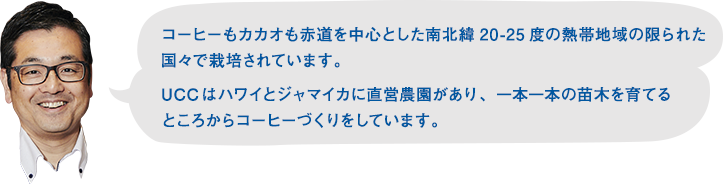 コーヒーもカカオも赤道を中心とした南北緯20-25度の熱帯地域の限られた国々で栽培されています。UCCはハワイとジャマイカに直営農園があり、一本一本の苗木を育てるところからコーヒーづくりをしています。