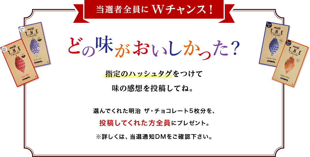 どの味がおいしかった？指定のハッシュタグをつけて味の感想を投稿してね。選んでくれた明治 ザ・チョコレート5枚分を、投稿してくれた方全員にプレゼント。※詳しくは、当選通知DMをご確認下さい。