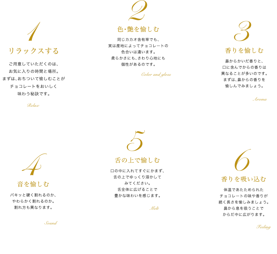 1.リラックスする 2.色・艶を愉しむ 3.香りを愉しむ 4.音を愉しむ 5.舌の上で愉しむ 6.香りを吸い込む