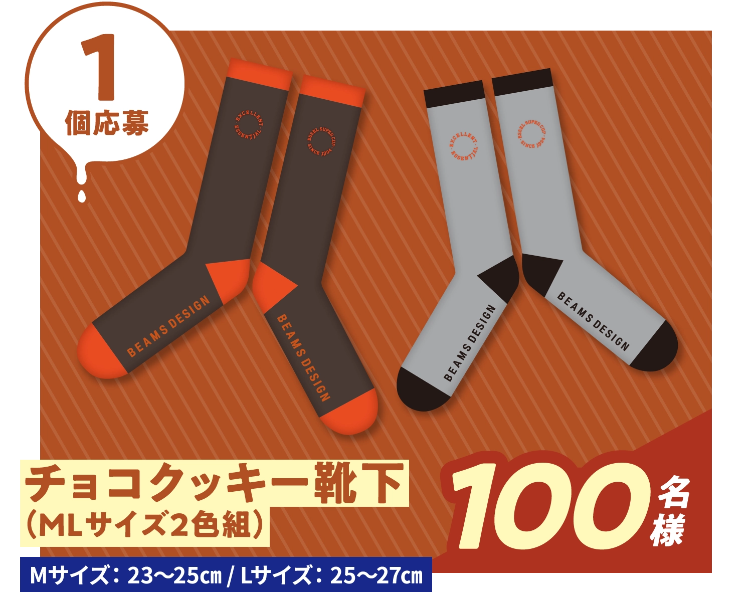 1個応募 チョコクッキー靴下（MLサイズ2色組）Mサイズ：23～25㎝ / Lサイズ：25～27㎝ 100名様