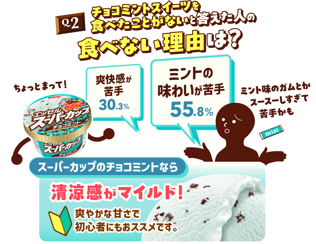 Q2 チョコミントスイーツを食べたことがないと答えた人の食べない理由は? 爽快感が苦手30.3% ミントの味わいが苦手55.8% ちょっとまって!スーパーカップのチョコミントなら清涼感がマイルド! 爽やかな甘さで初心者にもおススメです。