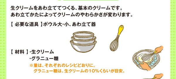 生クリームをあわ立ててつくる、基本のクリームです。あわ立てかたによってクリームのやわらかさが変わります。【 必要な道具 】ボウル大・小、あわ立て器【 材料 】・ 生クリーム・グラニュー糖※量は、それぞれのレシピどおりに。　グラニュー糖は、生クリームの10％くらいが目安。