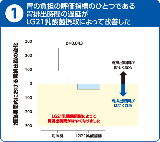 胃の負担の評価指標のひとつである胃排出時間の遅延がLG21乳酸菌摂取によって改善した