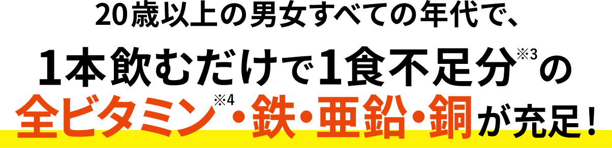 20歳以上の男女すべての年代で、1本飲むだけで1食不足分の全ビタミン・鉄・亜鉛・銅が充足！
