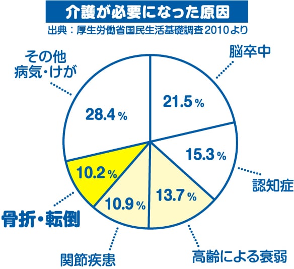 【グラフ】介護が必要になった原因　脳卒中21.5％　認知症15.3％　高齢による衰弱13.7％　関節疾患10.9％　骨折・転倒10.2％　その他病気・けが28.4％